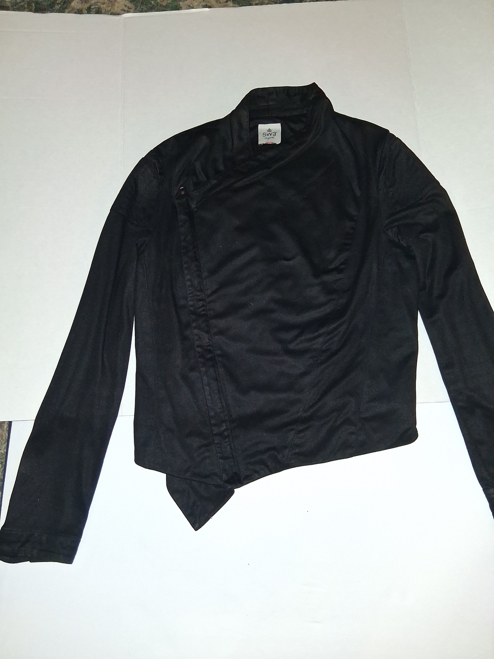 SW3 Bespoke asymmetrical zip moto jacket with a draped cowl neck.